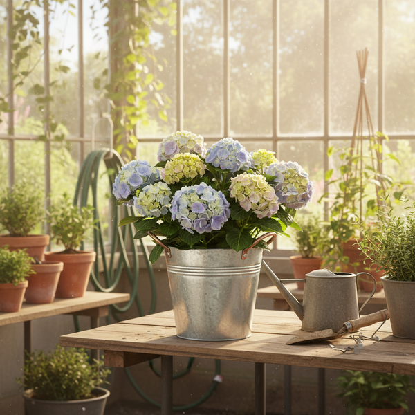 Hortensien in einem Zinkeimer auf einem Holztisch in einem hellen Gewächshaus mit Gießkanne und Gartenwerkzeug.