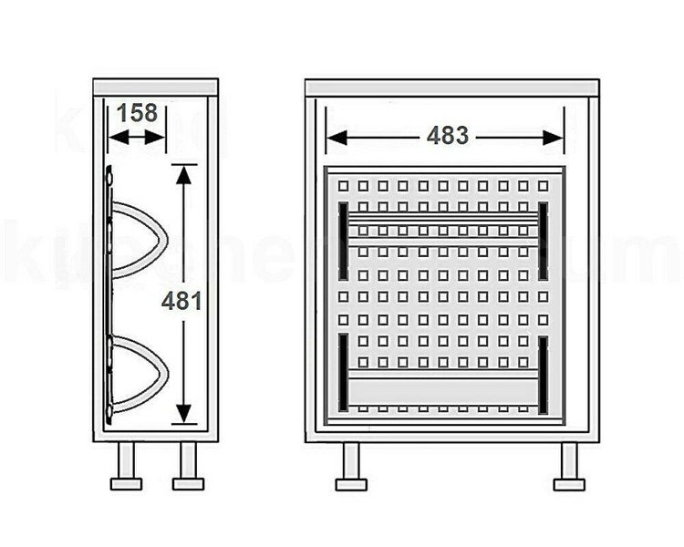 Maßzeichnung für einen Küchenschrank mit den Abmessungen 158 Millimeter, 481 Millimeter und 483 Millimeter.