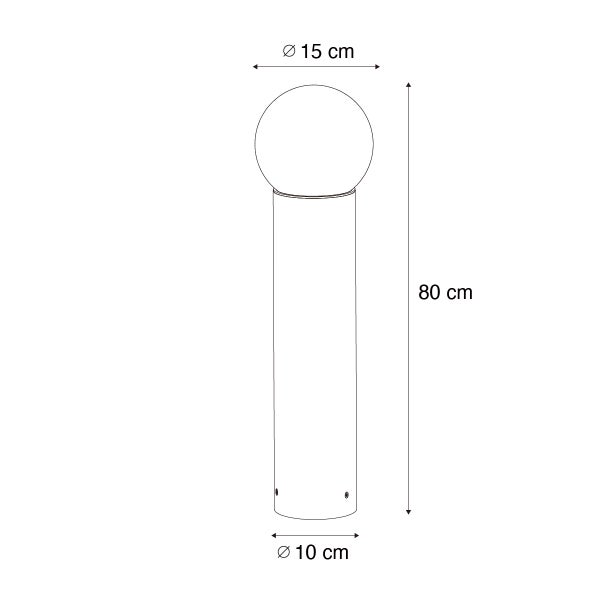 Skizze einer Pollerleuchte mit Maßen: Gesamthöhe 80 Zentimeter, Schirmdurchmesser 15 Zentimeter und Sockeldurchmesser 10 Zentimeter.