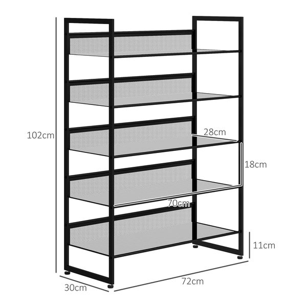 HOMCOM Schuhregal, Schuhständer mit 5 Ebenen, Schuhablage für max. 15 Paar Schuhe, Schuh-Organizer mit Griff für Eingang, Schlafzimmer, Stahl, 72 x 30 x 102 cm, Schwarz