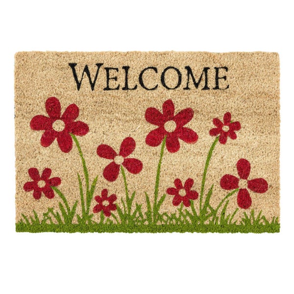 Fußmatte aus Kokosfaser mit Willkommensgruß und Blumenmotiv