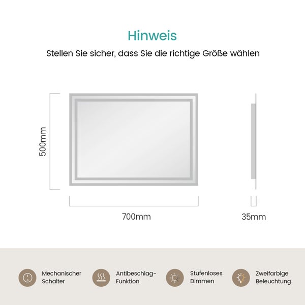 EMKE Badspiegel mit Beleuchtung 70 x 50cm, Kaltweiß/Warmweiß, LED-Spiegel mit Kippschalter, Anti-Beschlag