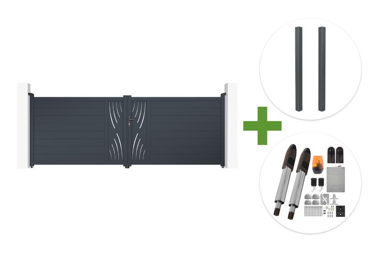 Anthrazitfarbenes zweiflügeliges Einfahrtstor aus Aluminium mit Dekor, inklusive zwei Pfosten und elektrischem Torantrieb-Set.