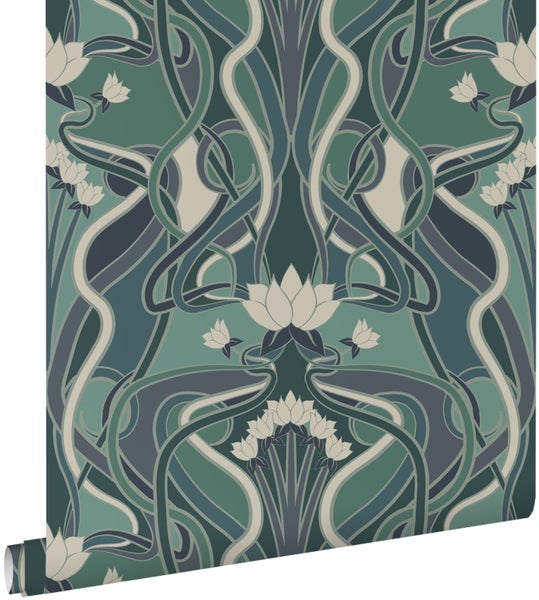 ESTAhome Tapete Blumenmuster im Jugendstil Graugrün und Blau - 50 x 900 cm - 139894