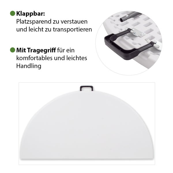 Klappbarer Tisch mit Tragegriff, platzsparend zusammenklappbar für leichten Transport.