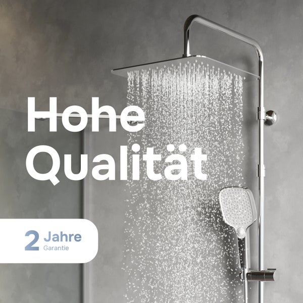 Duschsystem mit quadratischer Kopfbrause und Handbrause in Betrieb mit zwei Jahren Garantie.