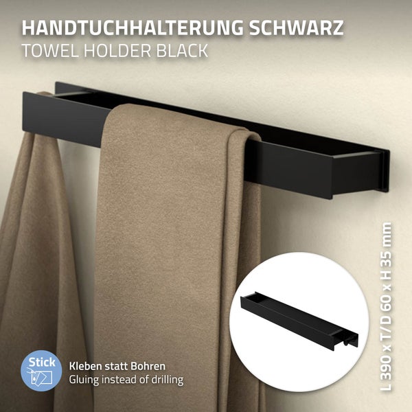 ML-Design Handtuchhalter ohne Bohren 42 cm mit Haken, Schwarz, aus Stahl, Wandmontage, Badetuchhalter, Handtuchstange Wand zum kleben für Bad & Küche, Moderne Wandhalter selbstklebend für Handtücher