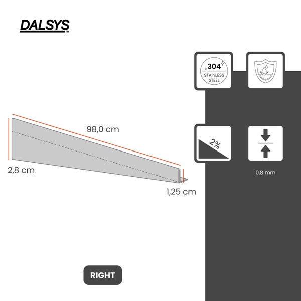 Dalsys Gefälleprofil aus Edelstahl 304, 2 Prozent Neigung, Länge 98 Zentimeter, Höhe 2,8 bis 1,25 Zentimeter, Version rechts, Dalsys Logo