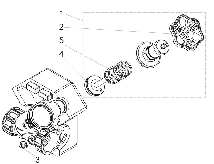 Explosionszeichnung einer Armatur mit Handrad, Feder und Ventilgehäuse in einer technischen Darstellung.