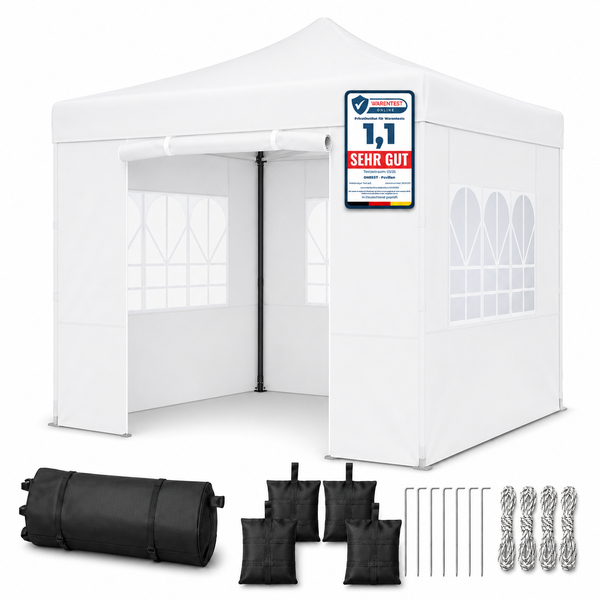 Weißer Faltpavillon mit Seitenteilen und Fenstern, inklusive Tragetasche, Gewichten und Heringen. Testurteil sehr gut von Warentest Online.