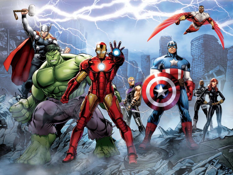 Illustration der Avengers-Superhelden in einer zerstörten Stadt