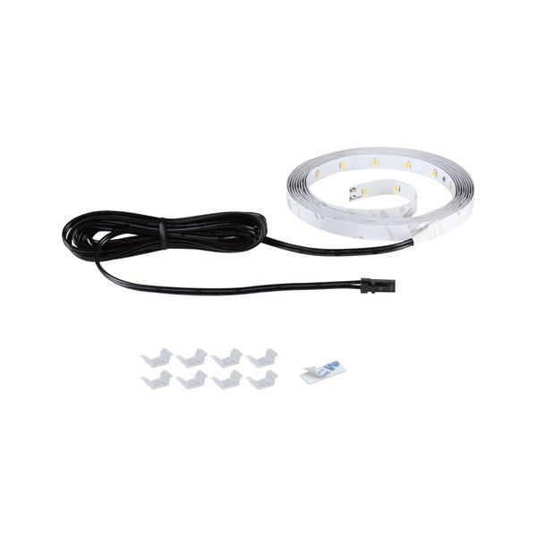 Flexibler LED-Streifen mit Anschlusskabel, Befestigungsclips und Klebestreifen.