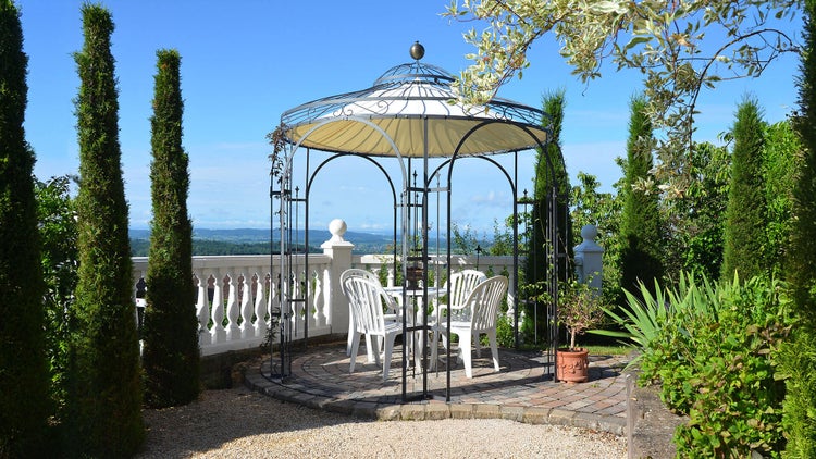 Pavillon ELEO Milano Ø 2,9 m anthrazit - pulverbeschichtet | mit Dekorkugel und Sonnensegel ecru