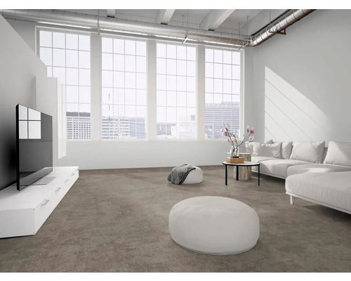 Moderner, heller Wohnraum mit braunem Teppichboden, weißem Sofa, TV-Board und großen Fensterfronten im Loft-Stil.