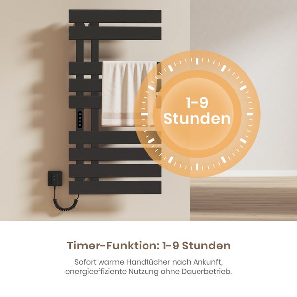 EMKE Elektrischer Badheizkörper 100x50 cm, Design-Handtuchheizkörper mit LCD-Display, Thermostat, Timer, Temperaturregelung, WiFi & App-Steuerung, 600W, Flachheizkörper für Bad, Schwarz, Linksanschluss