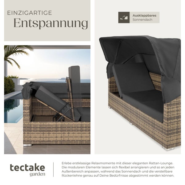 Modulare Rattan-Lounge mit ausklappbarem Sonnendach, verstellbarer Rückenlehne und dunkelgrauen Polstern für den Garten, tectake garden Logo.