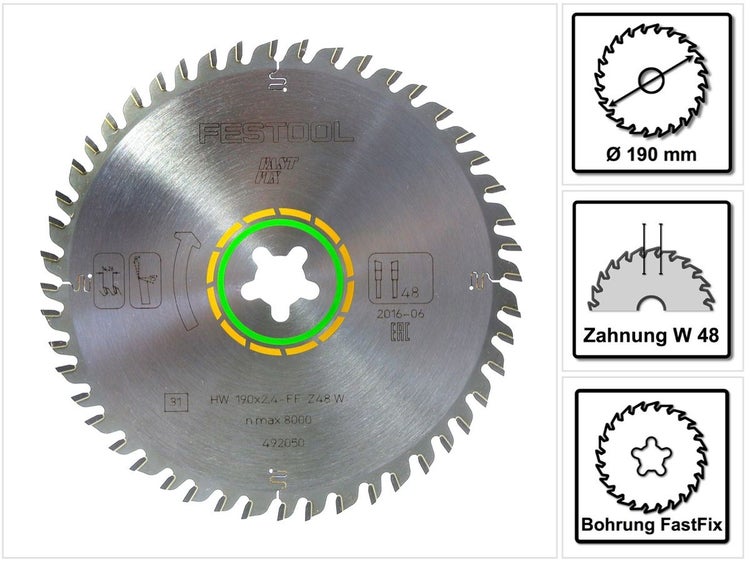 Festool Feinzahn Kreissägeblatt HW 190 x 2,4 mm xFF W48 190 mm 48 Zähne FastFix ( 492050 )