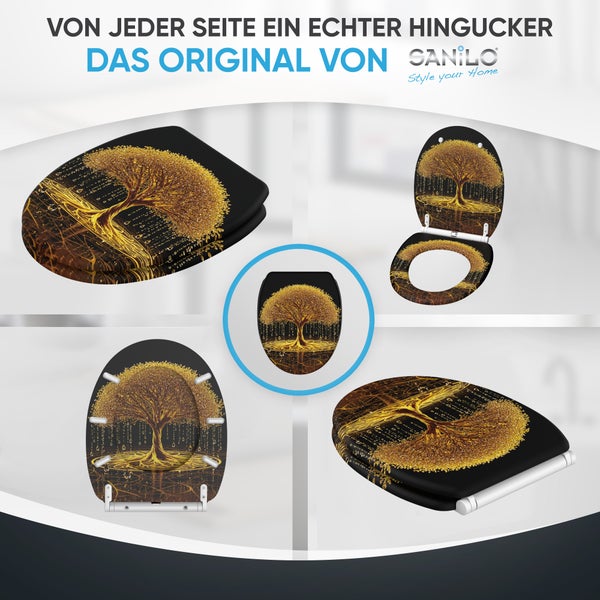 Sanilo WC Sitz mit goldfarbenem Baum Motiv auf schwarzem Hintergrund in verschiedenen Ansichten