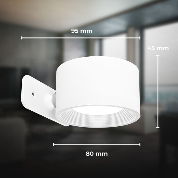 Wiederaufladbare weiße LED-Wandleuchte mit Bewegungssensor, Magnethalterung, USB-C-Anschluss sowie Klebe- und Schraubmontage-Zubehör.