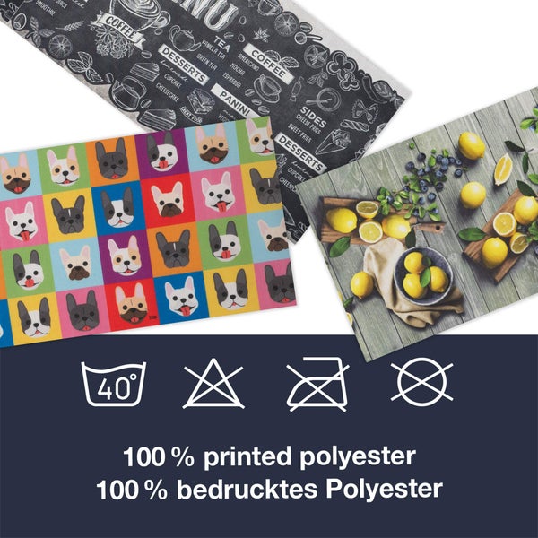 Küchenmatten aus 100 Prozent bedrucktem Polyester mit Hunde-, Zitronen- und Menü-Motiv sowie Pflegehinweisen wie waschbar bei 40 Grad.