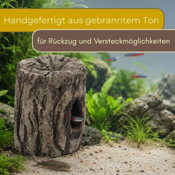 Handgefertigte Aquariendekoration aus gebranntem Ton in Baumstamm-Optik als Versteck für Fische.