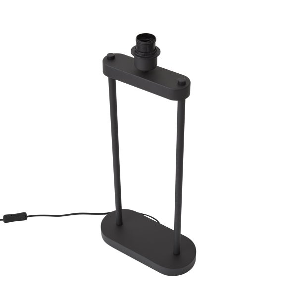 Tischlampenfuß aus schwarzem Metall, rechteckige Rahmenform mit ovalem Sockel und E27-Fassung.