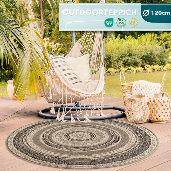 FLOORDIREKT Outdoorteppich - Wetterbeständiger Außenteppich - Zoe - Rund - Beige-Grau - ⌀120 cm