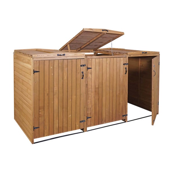 Mülltonnenbox aus Holz mit drei Fächern und geöffnetem Deckel