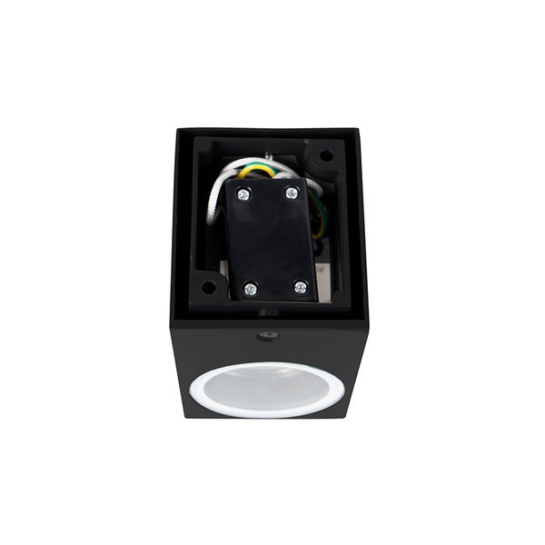 Schwarze Wandaußenleuchte mit geöffnetem Anschlussraum und runder Lichtaustrittsfläche.