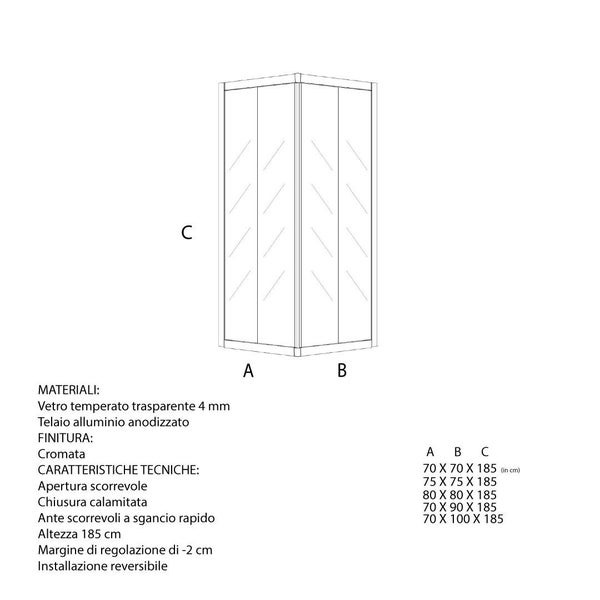 Technische Zeichnung einer Duschkabine mit Schiebetür aus transparentem gehärtetem Glas und eloxiertem Aluminiumrahmen