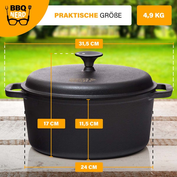 BBQ-Nerd Bräter mit Deckel (rund, Ø 24 cm) aus Gusseisen 4 L | Bratentopf Kochtopf Gusseisentopf Schmortopf | Cocotte zum langsamen Garen - Herd, Ofen & Grill