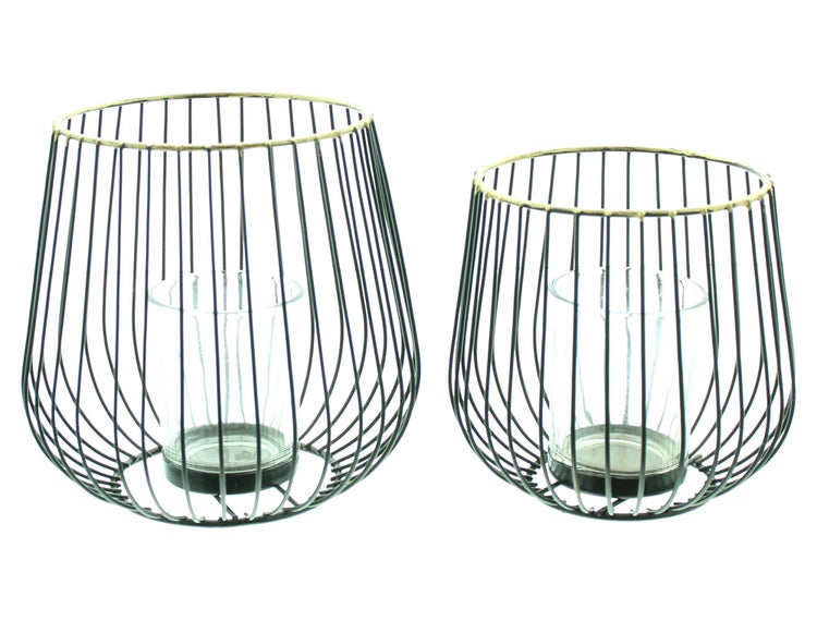 FRANK FLECHTWAREN | Windlicht Modern, 2er Set, Ø 11 x 11 cm, Ø 13 x 13 cm, Glas Ø 4 x 6 cm, ohne Kerzen, METALL