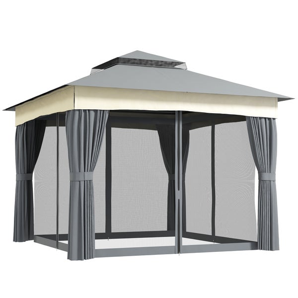 Gartenpavillon mit grauem Dach, integriertem Moskitonetz und grauen Seitenvorhängen.