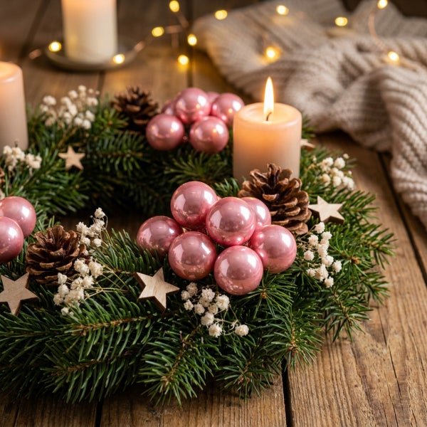 Weihnachtskranz aus Tannenzweigen mit Kerzen, Weihnachtskugeln, Zapfen und Sternen auf einem Holztisch als festliche Weihnachtsdekoration.