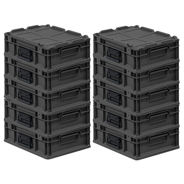 Zwei Stapelboxen aus Kunststoff mit Deckel und Griffen für Lagerung und Transport