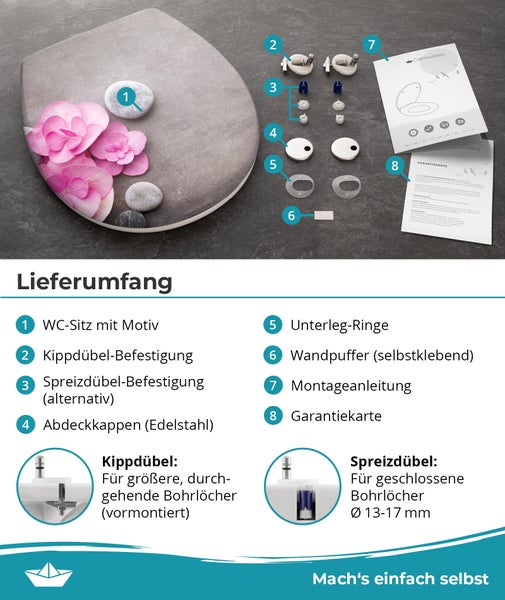 Calmwaters® WC Sitz Motiv Wellness Orchidee einfache Montage, Toilettendeckel bis 250 kg, Made in EU, antibakterieller Duroplast, Absenkautomatik, 2 Montage Optionen, abnehmbar, Klobrille, oval