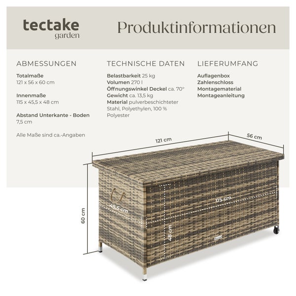 Auflagenbox tectake Kiruna 121 x 56 x 60 cm 270 l, mit Rattangeflecht natur