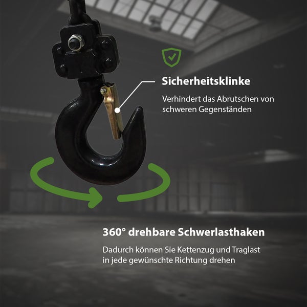 Schwerlasthaken mit Sicherheitsklinke und 360 Grad Drehgelenk für Kettenzug zur sicheren Befestigung von Lasten.