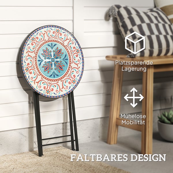 Outsunny Beistelltisch klappbar Gartentisch mit Mosaik-Design, Ø35,5 x 55 cm Rund wetterfest Balkontisch aus Metall, Campingtisch Klapptisch Kaffeetisch für Wohnzimmer Büro Outdoor Indoor, Mehrfarbig