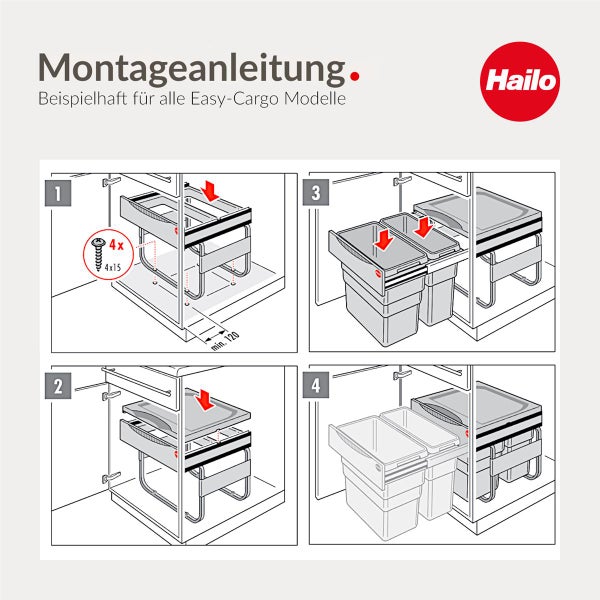 Montageanleitung für Hailo Easy-Cargo Abfallsystem in vier Schritten mit Logo von Hailo.