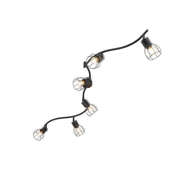 Schwarze Deckenleuchte mit sechs Leuchten und Käfigschirmen.