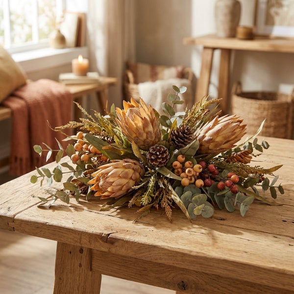 Herbstliches Gesteck mit Protea Blüten, Tannenzapfen und Beeren auf einem Holztisch als Tischdekoration.