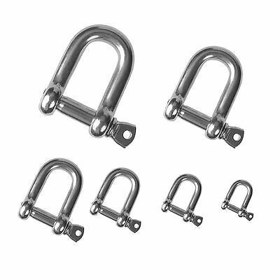 Ein Set von sechs unterschiedlich großen Metallschäkeln aus rostfreiem Edelstahl zur Befestigung von Lasten.