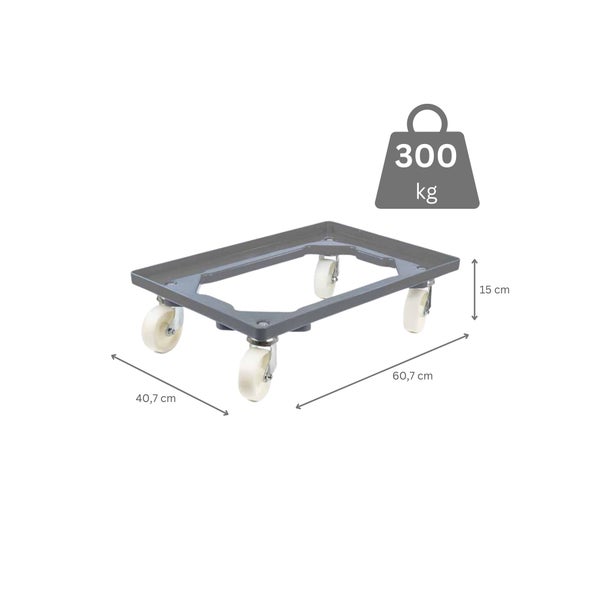 PROREGAL Transportroller für Euroboxen 60 x 40 cm mit Kunststoffräder Grau Offenes Deck 2 Lenkrollen und 2 Bremsrollen Traglast 300 kg