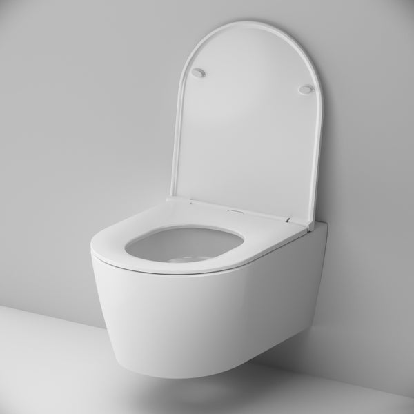 Wand-WC aus weißer Keramik mit geöffnetem WC-Sitz.