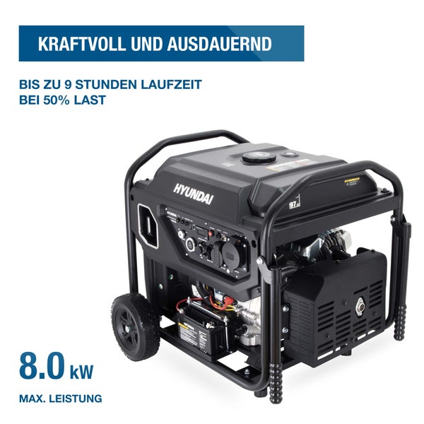 Hyundai Stromerzeuger in Schwarz mit Hyundai Logo auf Rädern, maximale Leistung 8,0 Kilowatt, bis zu 9 Stunden Laufzeit bei 50 Prozent Last.