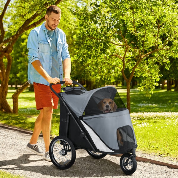 PawHut Hundewagen Hundebuggy mit Netzfenstern, Klappbarer Katzenwagen mit Sicherheitsleine, große Gummiräder für Mittelgroße, Große Hunde bis 30 kg, Oxford, Grau