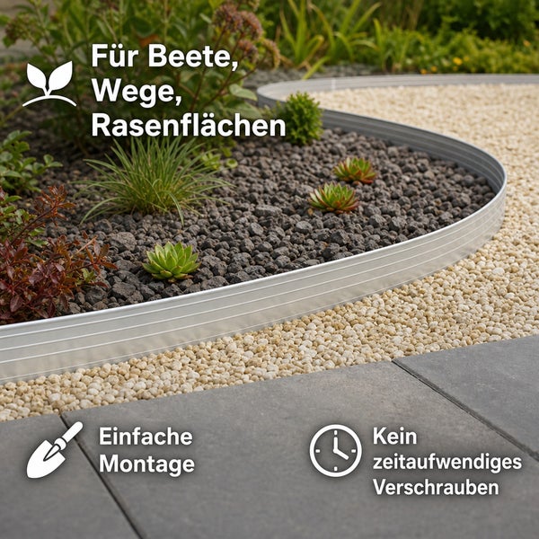Flexible Metall Rasenkante als Beeteinfassung in einem Garten mit Kiesweg und Steinplatten zur einfachen Montage ohne Schrauben.