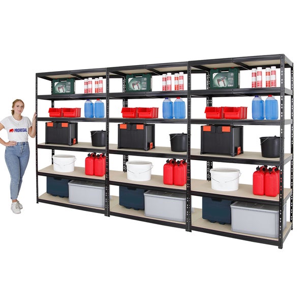 PROREGAL Mega Deal 3x Schwerlastregal Giant Tiger XL HxBxT 220 x 120 x 60 cm Fachlast 265 kg 6-Ebenen Schwarz