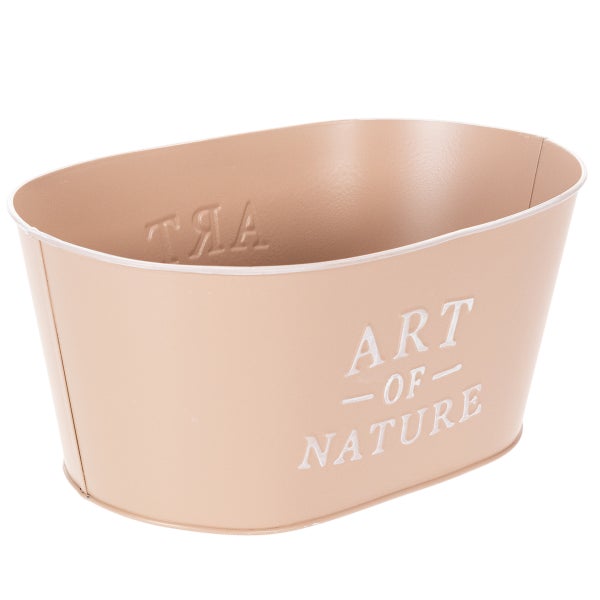 Ovaler Metall-Pflanztopf in Beige mit der Aufschrift Art of Nature.